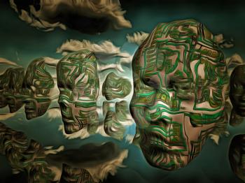 Surreal painting. Masks with electronic circuit pattern hovers in the sky.