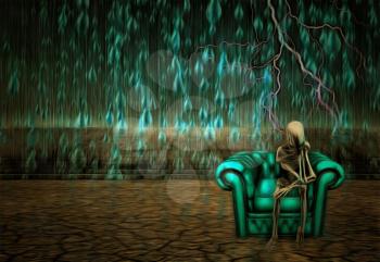 Surreal painting. Alien's skeleton sits on a armchair in pose of thinker. Rain fals down on arid land.