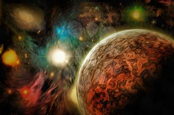 Illustration. Mystic planet in vivid universe.