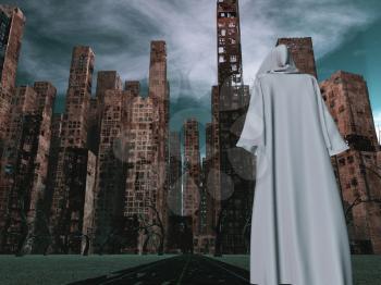 Pilgrim in white cloack before the destroyed city