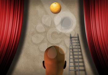 Surrealism. Bald man stands on a stage with ladder and orange fruit. 3D rendering