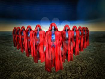 Surrealism. Army of androids in red cloaks.