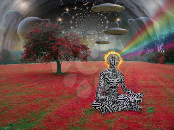 Man meditates in lotus pose. Space saucers in the sky above surreal landscape