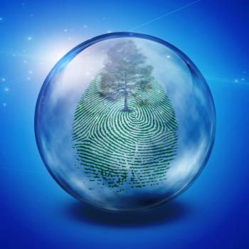 Green tree and fingerprint inside bubble
