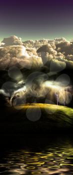 Tornado and lightnings in the green field