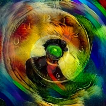 Man in black suit. Green apple face. Time spiral in vortex of clouds