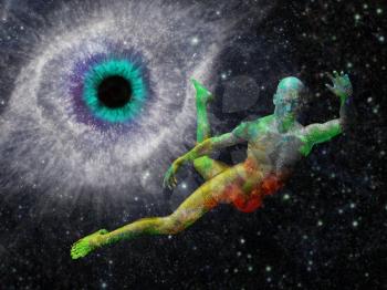 Man flying in deep space. Galaxy in eye shape
