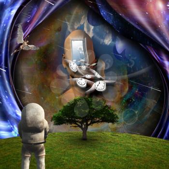 Surrealism. Flow of Time through space. Astronaut in the green field. Man with wings represents angels. 3D renderin