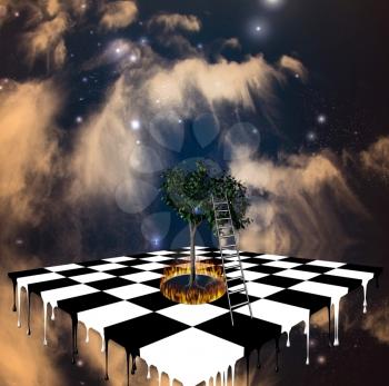 Tree surrounded by fire on melting chessboard