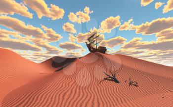 Ancient ship in desert. Surreal art