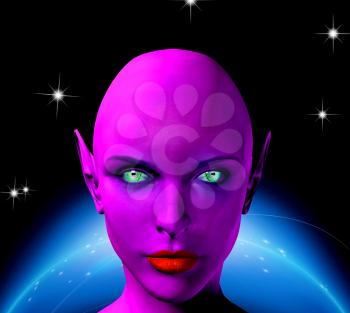 The face of female alien. Shining planet on a background.