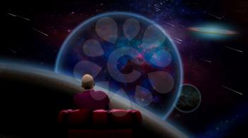 Surreal scene. Man sits in red armchair and observes vivid purple planet, moon and meteor shower. 3D rendering