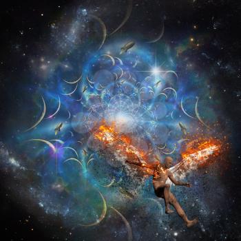 Man with burning wings symbolizes fallen angel. Space and rockets on the background