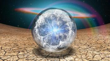 Surrealism. Splash of clouds and lightnings inside crystal ball. Galaxy disk on a background.