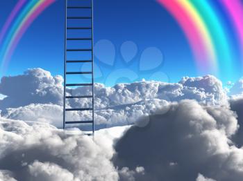 Ladder reaches into sky with rainbow