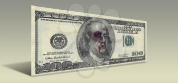 US Hundred Dollar bill with Beaten Ben Franklin