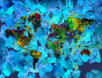Surreal painting. Colorful world's map. Brush strokes.