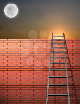 Ladder leans on wall with sky and bright moon