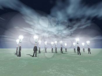 Surreal scene. Men with bright light bulbs above head. 3D rendering.