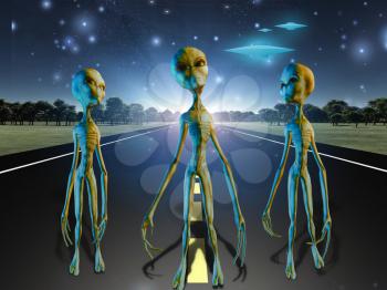 Aliens on country road. Spacecrafts in the starry sky