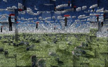 Surreal digital art. Men with red umbrellas hovers above field of light bulbs. Clouds in shape of question sign. Light bulbs symbolizes ideas. Picture is composed entirely of the words.