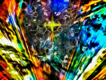Surreal painting. Golden cross and eye of God in vivid colorful sky.