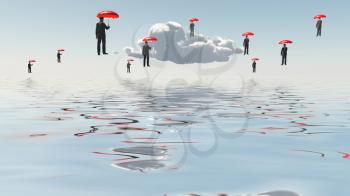 Surreal composition. Floating Men with Umbrellas above water