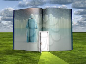 Book with science fiction scene and open doorway of light