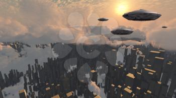 Flying saucers over futuristic megapolis. Sunset. Spacecrafts over city