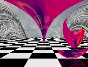 Surreal composition. Pink matter on chessboard