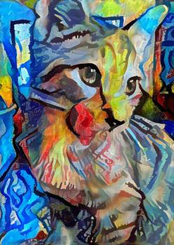 Digital painting in vivid colors. Cute kitten