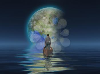 Terraformed Moon seen from the Earth. Man in a boat