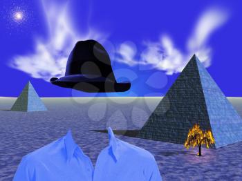 Invisible man. Pyramids and burning tree. Ghosts soars in the sky