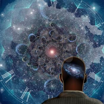 Space dreams. Man with galaxy in mind stands before endless universe