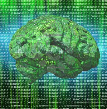 Electronic Brain on green binary code background