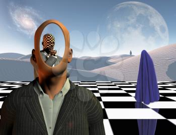 Surrealism. Faceless businessman with another thinking businessman behind him stands on chessboard. Lonely man in a distance. White sand dune. Figure covered by purple clothes. 3D rendering