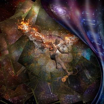Layered abstract background. Man with burning wings symbolizes falling angel
