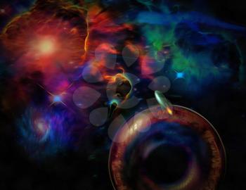 Digital painting. Black hole in vivid space. Retro sci fi rocket