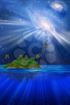 Floating Tropical Island. Vivid galaxies in the sky