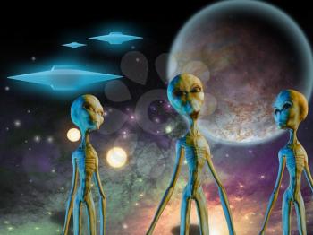 Three aliens. Flying saucers in space