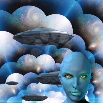 The face of female alien. Flying saucers in multi-layered spaces on a background
