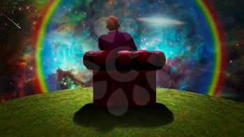 Surreal composition. Man sits in red armchair and observes vivid galaxy. 3D rendering