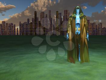 Cyborg traveler before the great futuristic city
