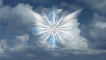 Winged star in cloudy sky. 3D rendering