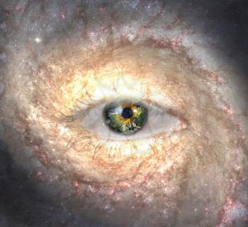 Eye in midst of Galaxy with Earth Reflection. 3D rendering