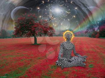 Man meditates in lotus pose in surreal landscape. Angels in the sky. 3D rendering