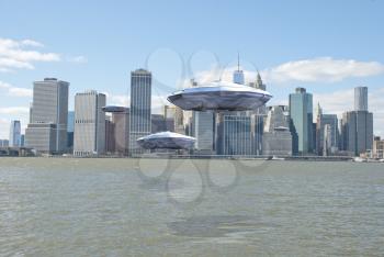 Flying saucers over New York harbour. 3D rendering