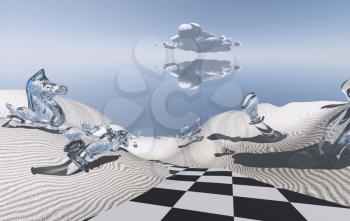 Abstract desert with chess board's road and figures. 3D rendering