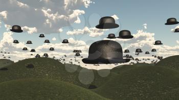 Many floating bowler hats in surreal landscape. 3D rendering