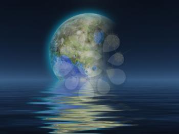 Terraformed Luna rises over water. 3D rendering 